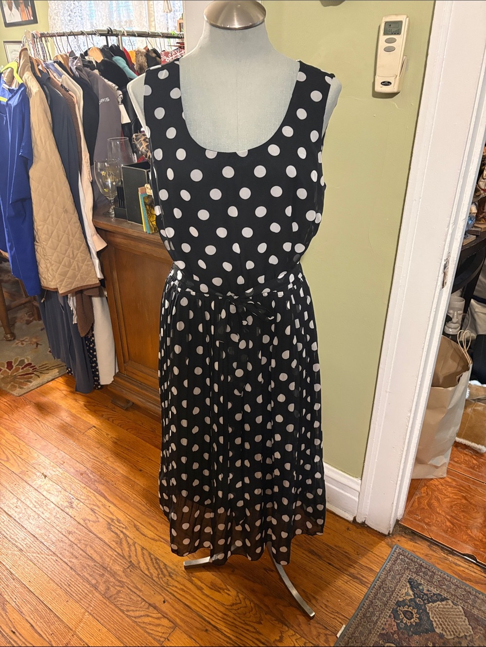 Sleeveless Black Midi Dress with White Polka Dots and Waist Tie